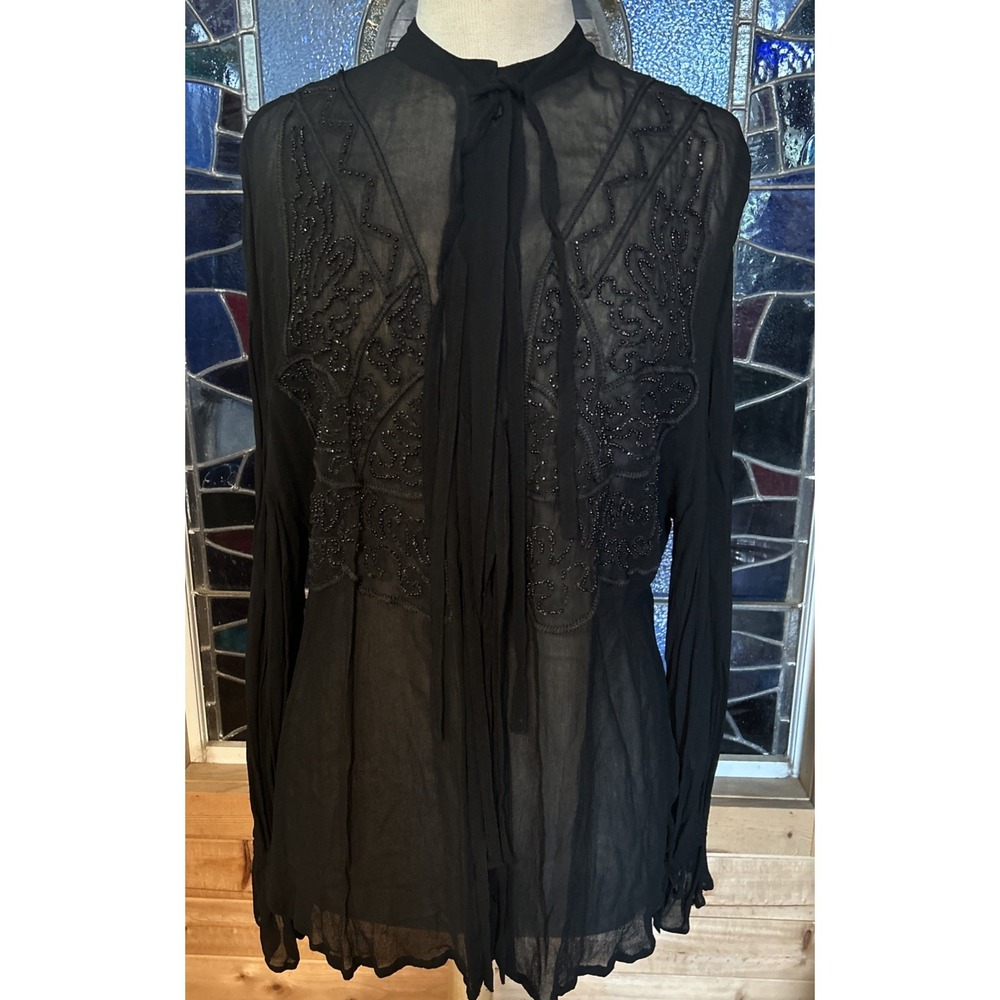 Vtg Passports Pier 1 Imports Sheer Beaded Blouse Women Black Med Ties At Wrist